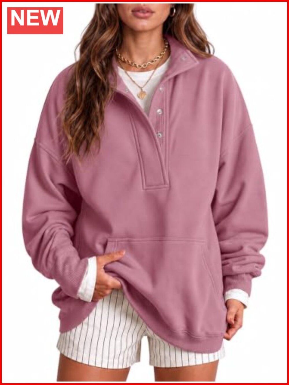 Oversized Henley Neck Pullover Sweatshirt Polyester Cotton Drop Shoulder